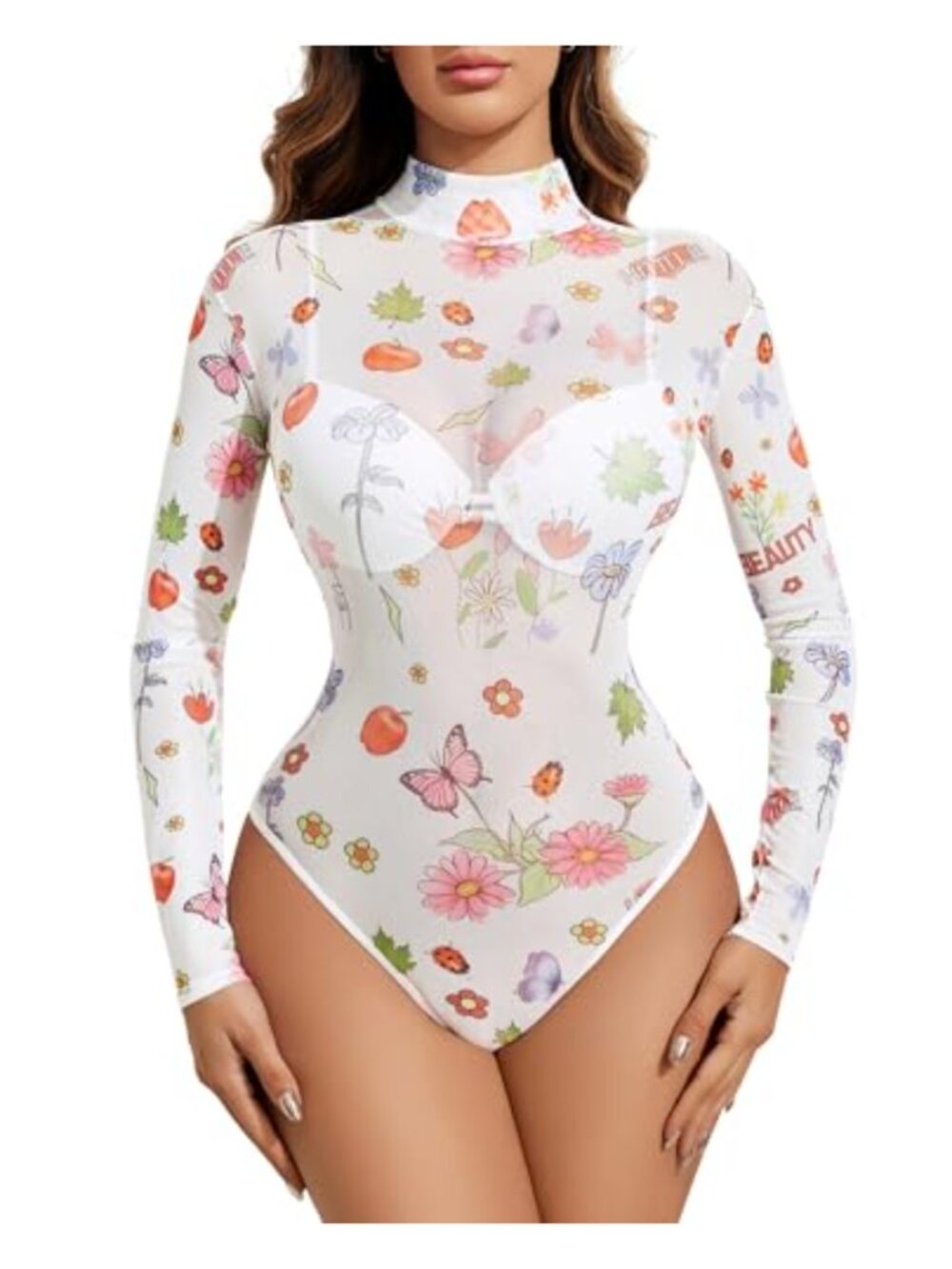 Sheer Mesh Turtleneck Bodysuit Long Sleeve Snaps Closure Stretchy Fitted Top